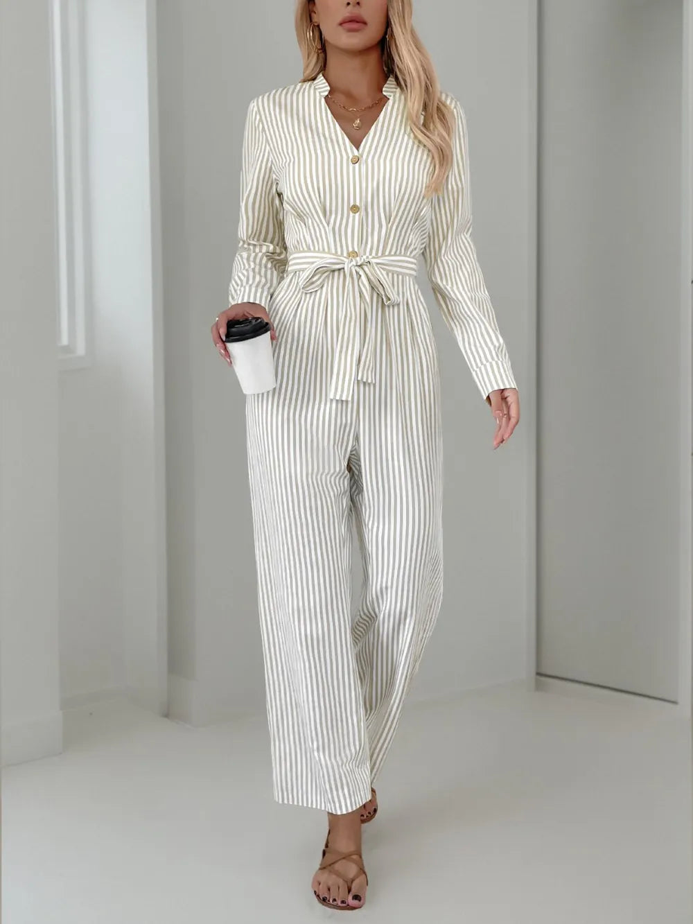 V-neck jumpsuit commuting style striped tie jumpsuit