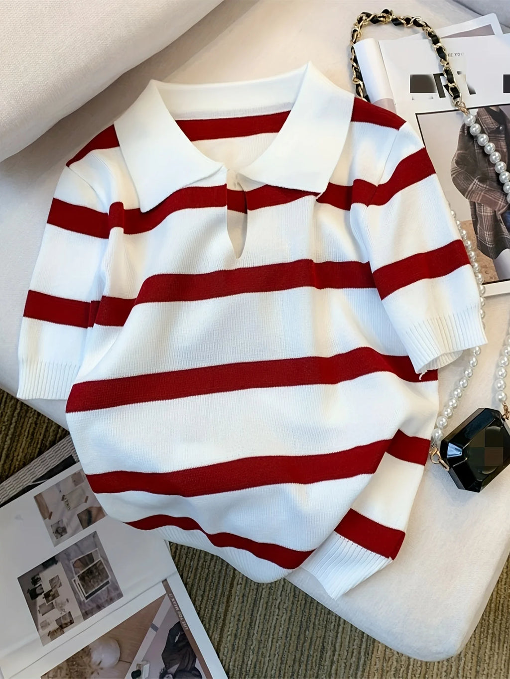 New Striped Pattern Collared Sweater Versatile Short Sleeve Knitted Top For Spring & Summer Women's Clothing Crop Top