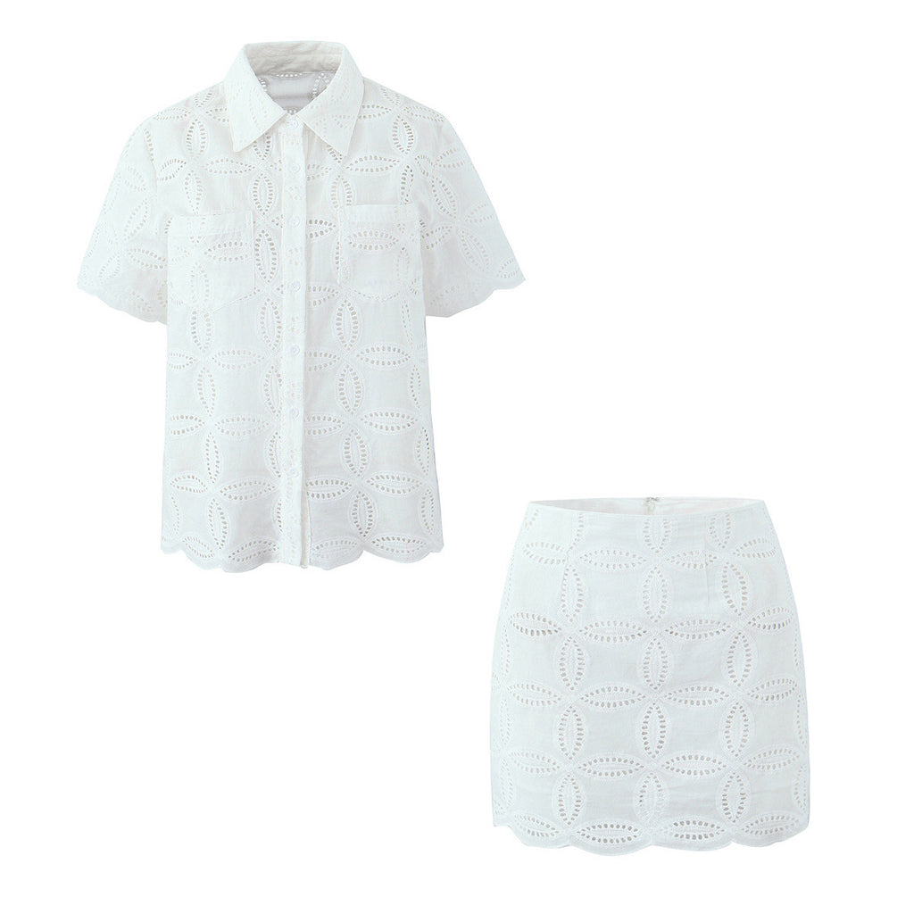 Womens White Short-Sleeve Shirt Lace Skirt Set For Women
