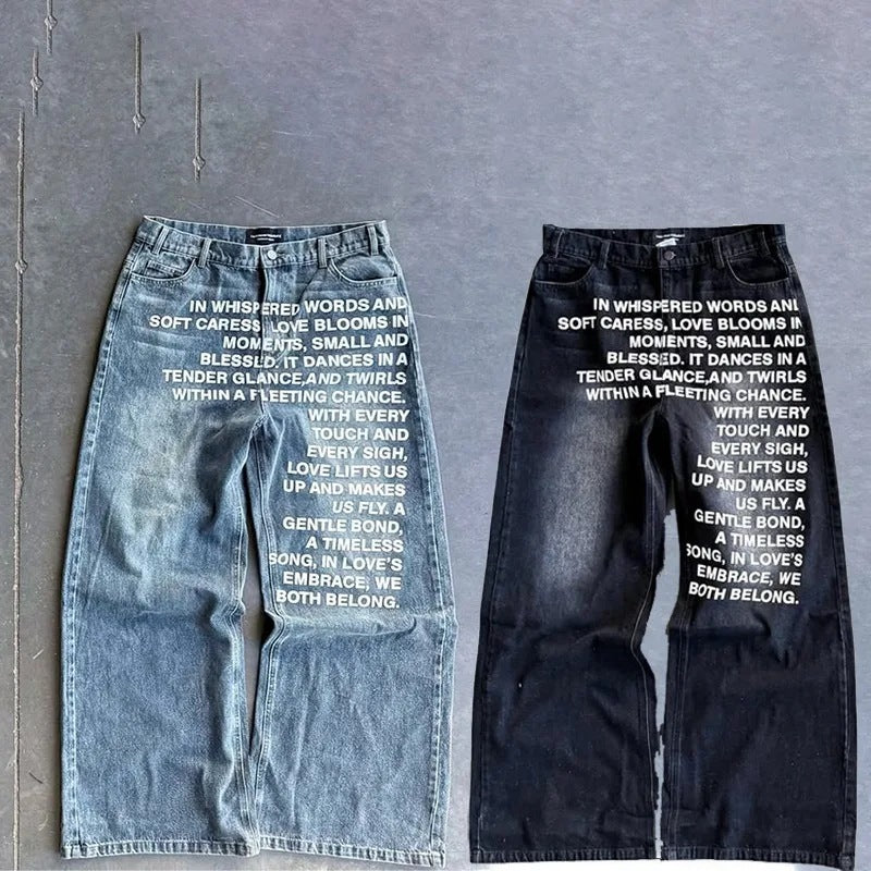 Style Retro Street Hip Hop Wide Leg Jeans with Water Washed Letter Print for Men Loose Long Pants Trendy