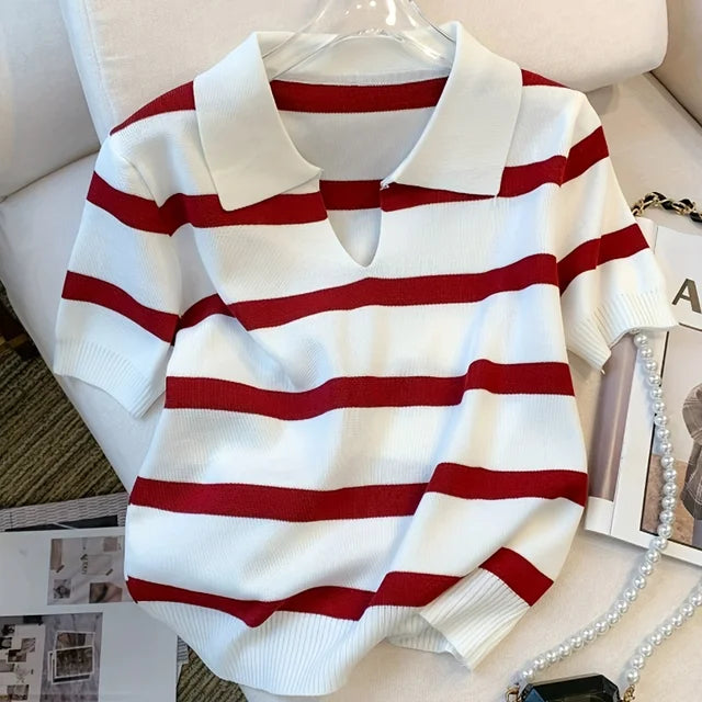 New Striped Pattern Collared Sweater Versatile Short Sleeve Knitted Top For Spring & Summer Women's Clothing Crop Top