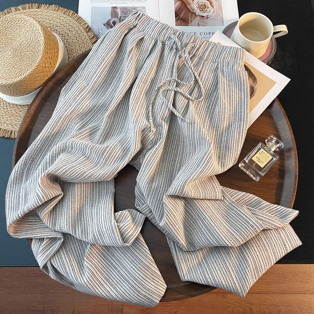 Striped Linen-Cotton Casual Pants, Elastic Waist with Drawstring, Loose Wide-Leg, Slim Straight Leg Long Pants, Lightweight Summer Women's Pants