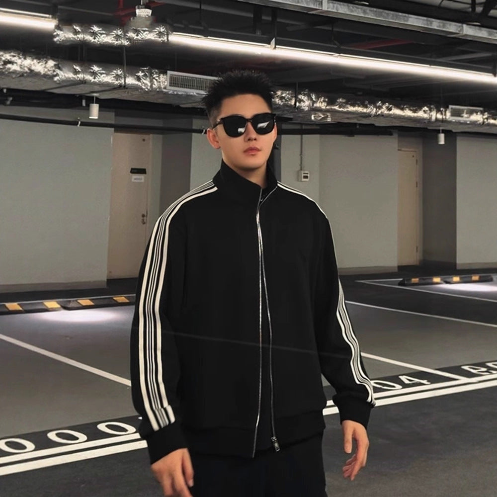High-end Casual Sportswear Set for Men Striped Open Front Jacket with Fleece Lining Fashionable Autumn and Winter Outwear