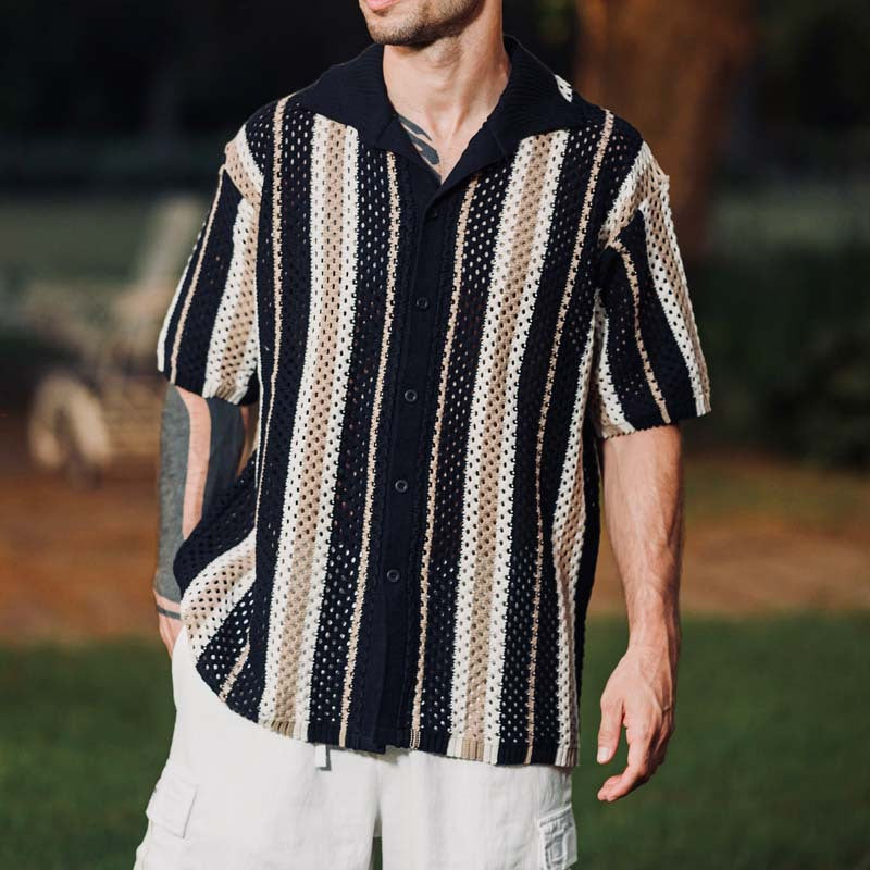 Casual Knitted Spliced Stripe Grid Shirt for Men, Lightweight Business Style