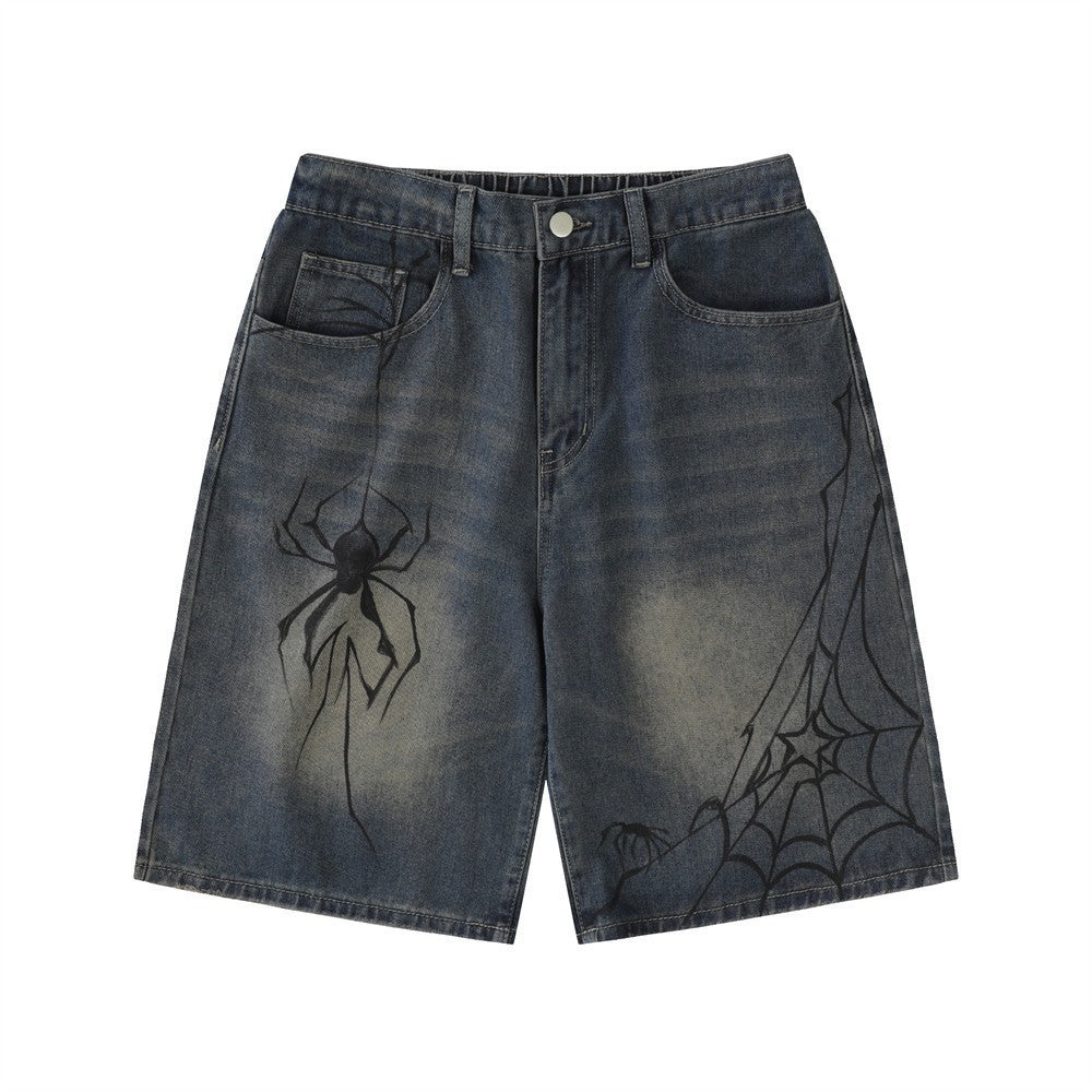 Unique Spider Print Denim Shorts for Men Loose Fit Casual Washed Faded Five-Point Pants American Retro Style