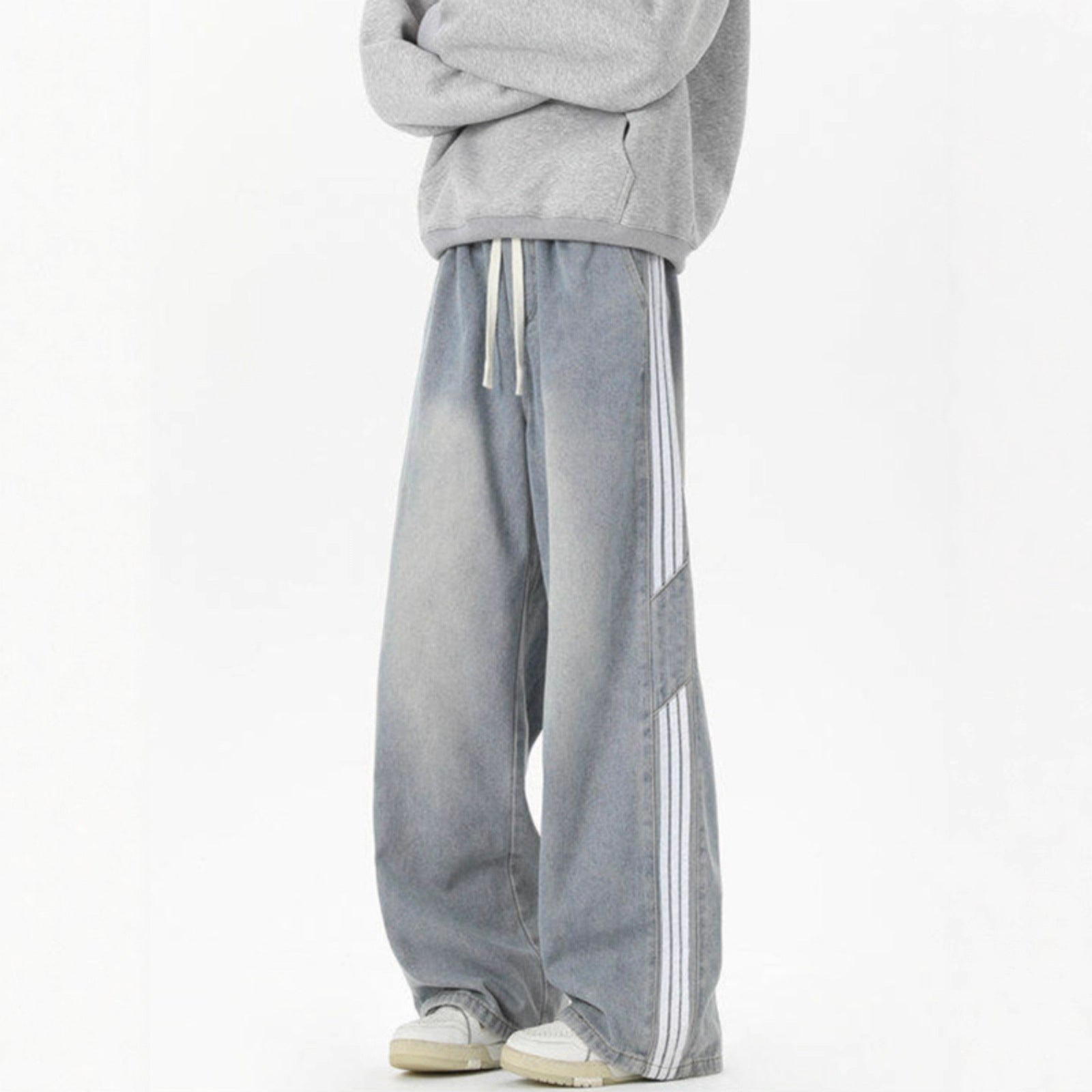 Side Stripe Webbing Denim Pants Men Vintage Washed Oversized Loose Straight Leg Pants