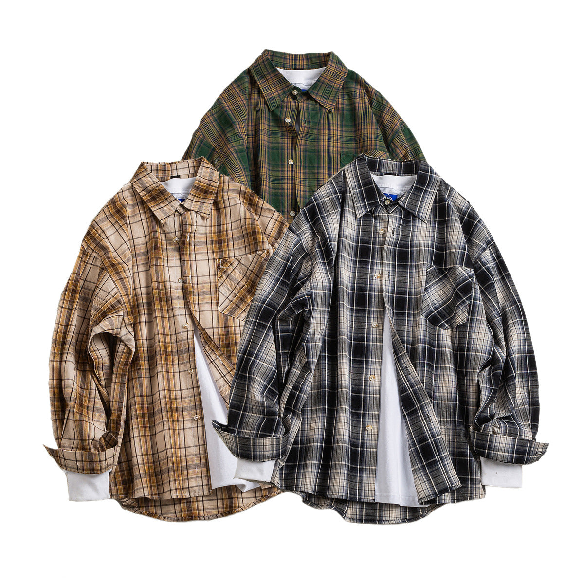 American College Style Vintage Long Sleeve Checkered Shirt for Men and Women, Spring Summer Casual Loose Cotton Shirt