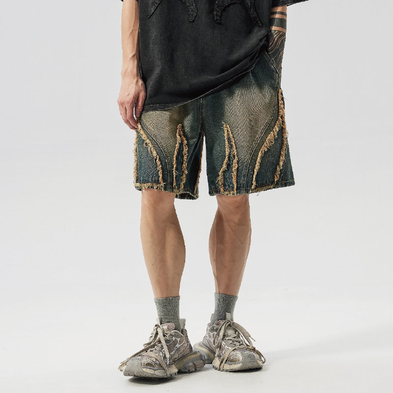 Retro washed frayed fringe denim shorts for men