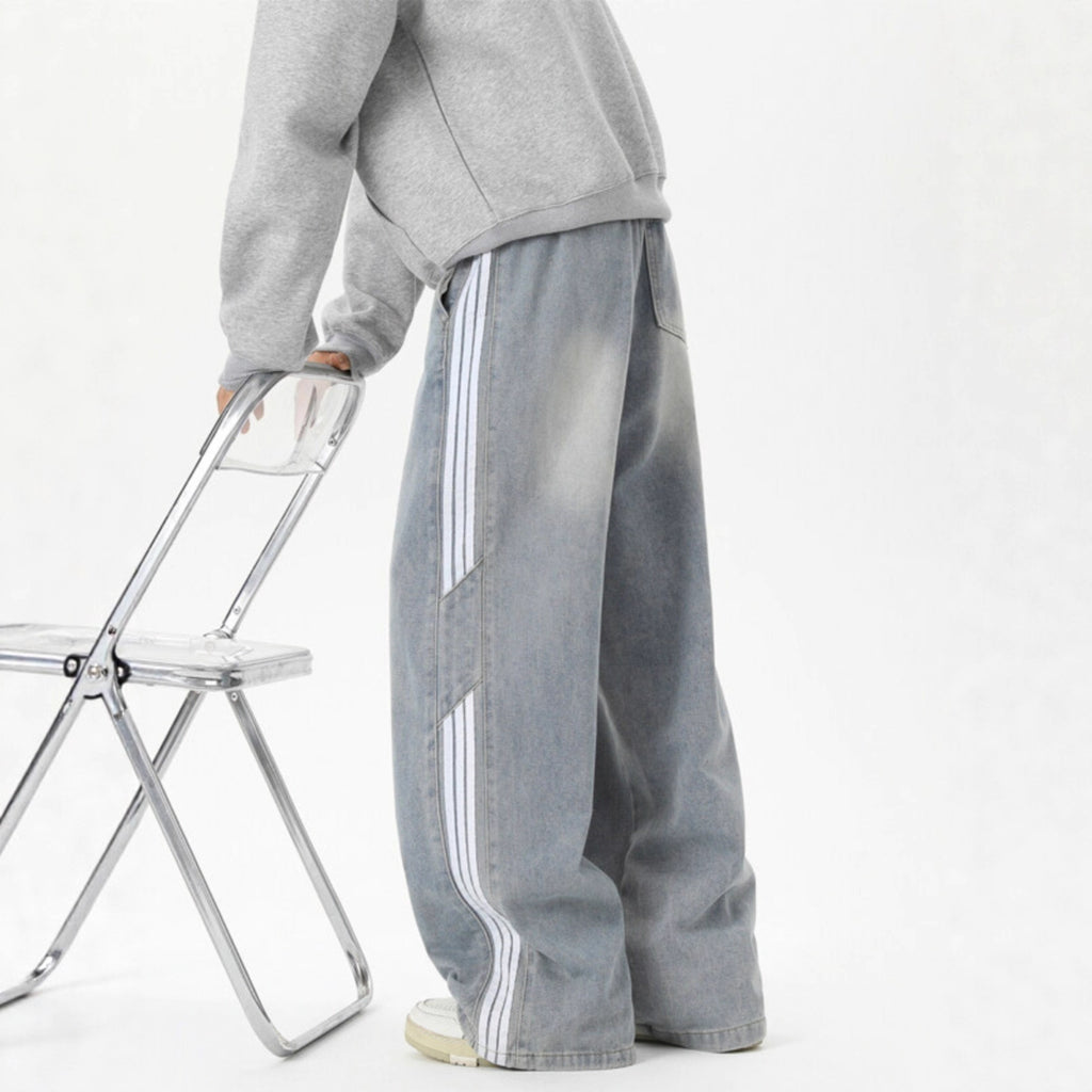 Side Stripe Webbing Denim Pants Men Vintage Washed Oversized Loose Straight Leg Pants
