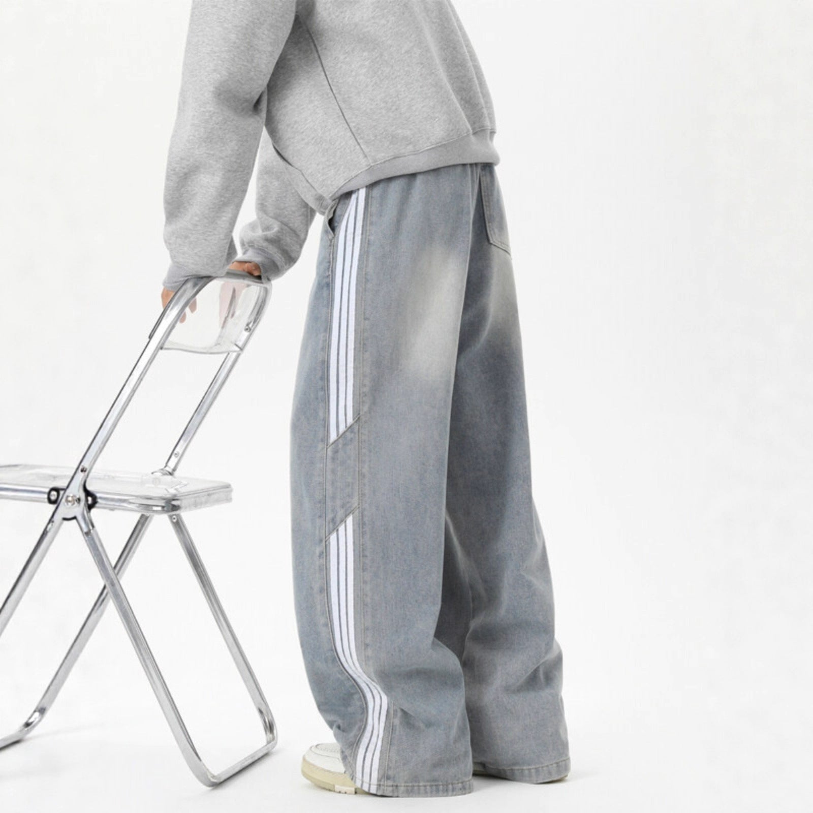 Side Stripe Webbing Denim Pants Men Vintage Washed Oversized Loose Straight Leg Pants