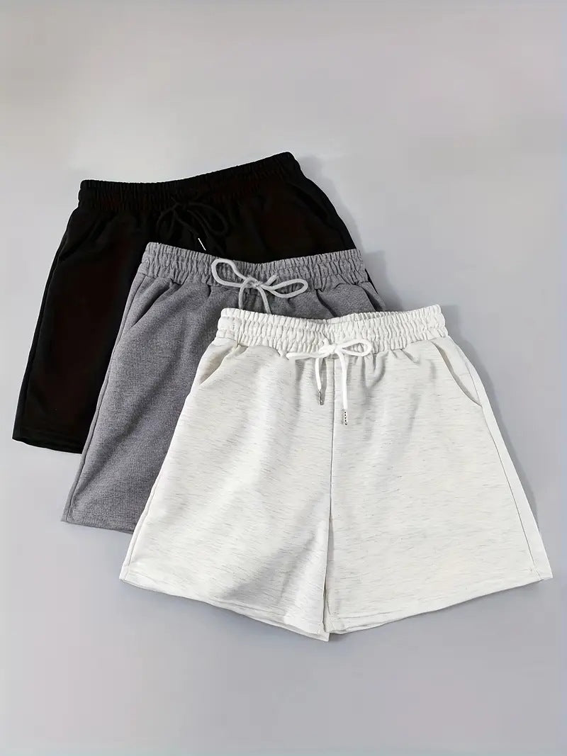 Summer Solid Color Casual Pocket Shorts with Drawstring Elastic Waistband
