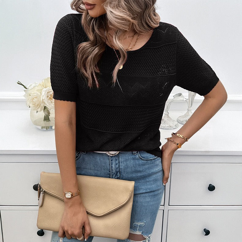 Spring/Summer Women's Style Round Neck Hollow Short Sweater