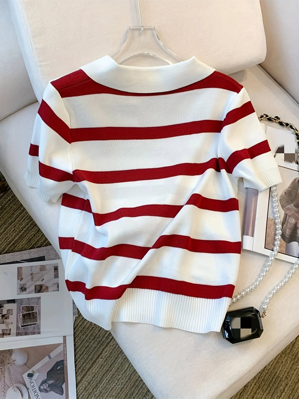 New Striped Pattern Collared Sweater Versatile Short Sleeve Knitted Top For Spring & Summer Women's Clothing Crop Top