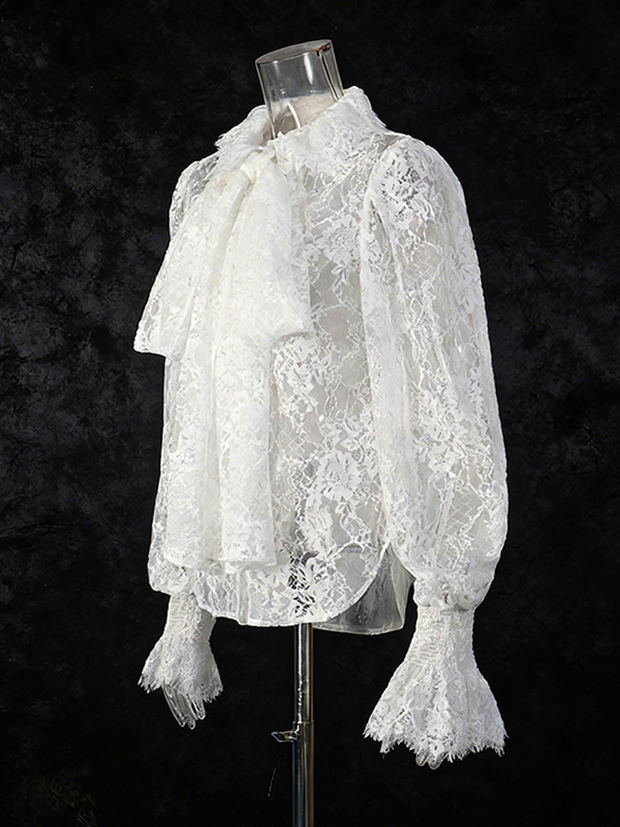Lantern Sleeve Bow Tie Lace Embroidered Shirt