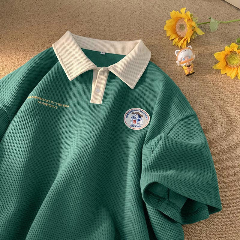 Retro Waffle Knit Embroidered Logo Polo Collar Short Sleeve T-Shirt
