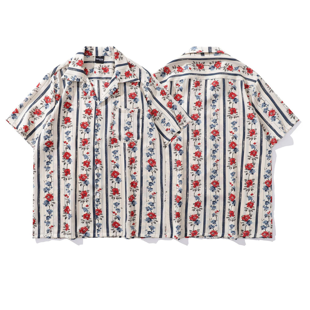 Style Retro Floral Full Print Short Sleeve Shirt for Men and Women, Loose Casual Lazy Couple Blouse Jacket
