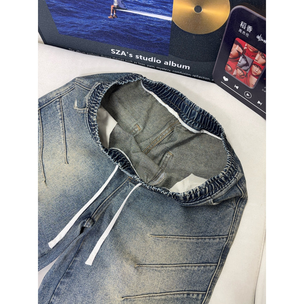 Vintage Pleated Denim Shorts Men Washed Vibe Pants