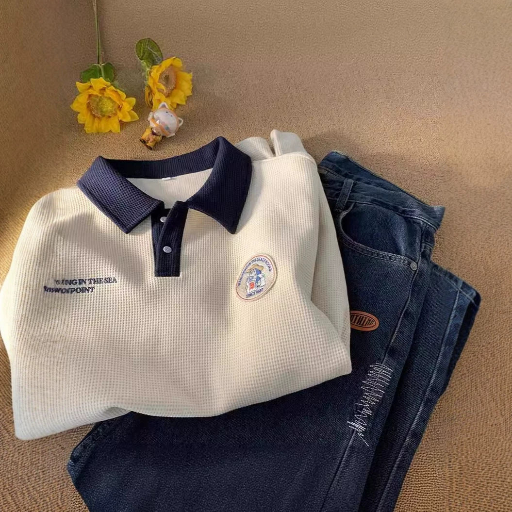 Retro Waffle Knit Embroidered Logo Polo Collar Short Sleeve T-Shirt