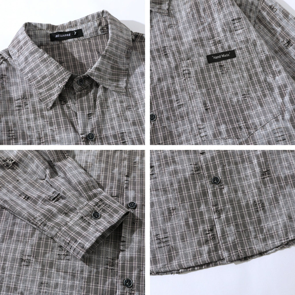 Street Style Plaid Hole Long Sleeve Shirt Men Loose High-Grade Couple Shirt Jacket