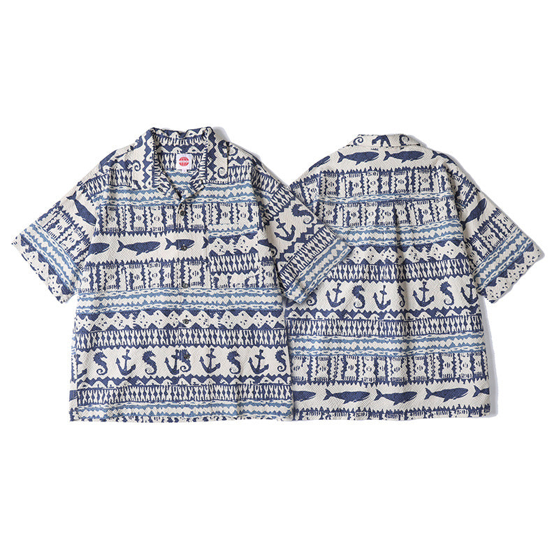 Cuban Collar Hawaiian Ocean Floral Beach Vacation Short Sleeve Shirt