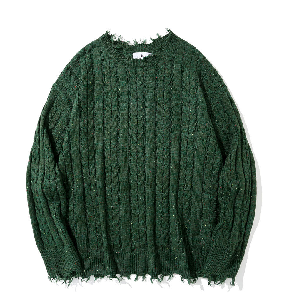 Solid Color Jacquard Cable Knitwear Men's High Street Lazy Style Loose Round Neck Sweater Streetwear Crewneck Pullover