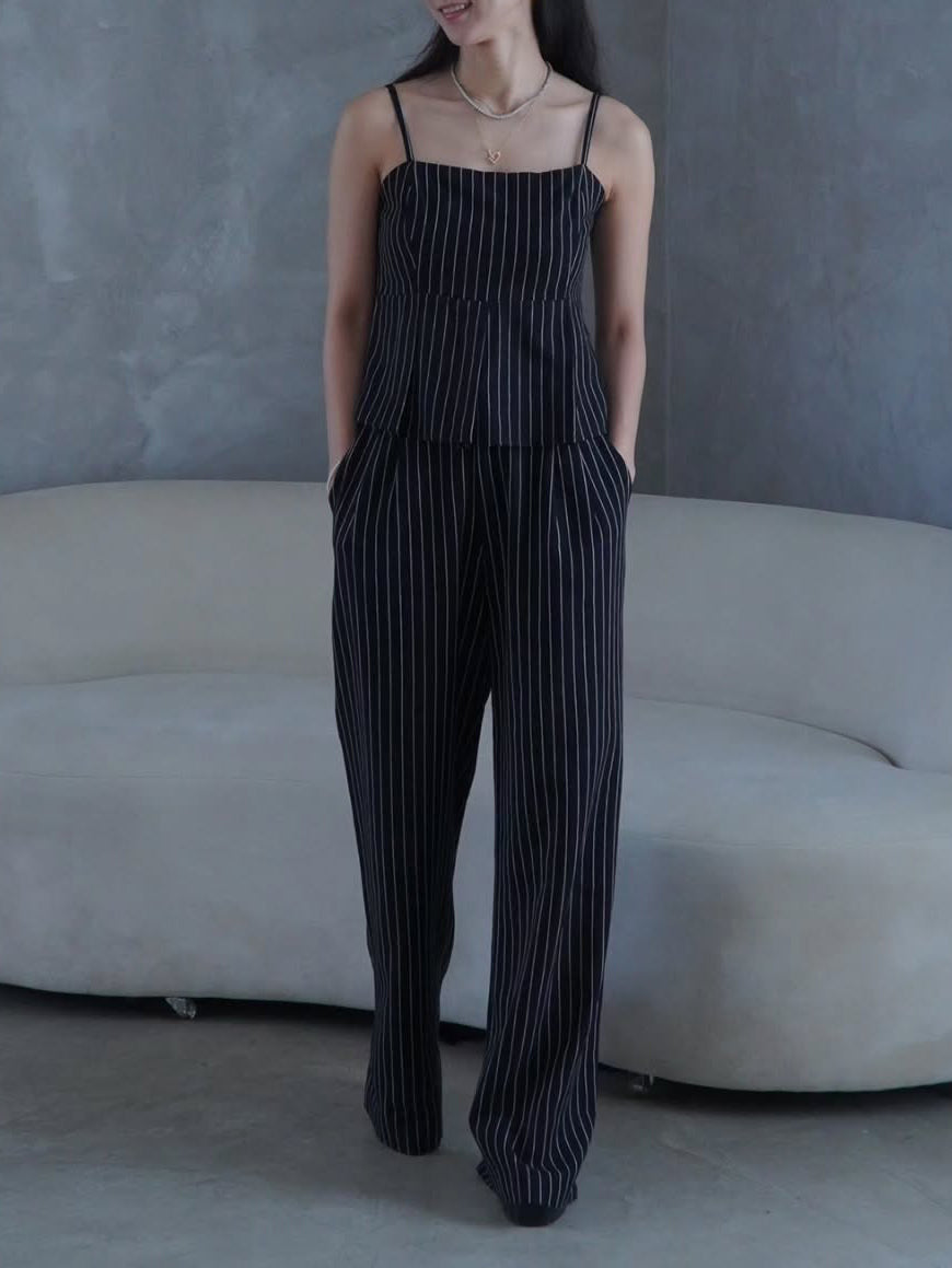 Striped Suspender Ruffle High-waisted Wide-leg Pants Suit