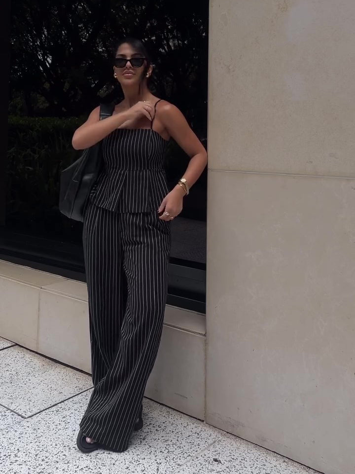 Striped Suspender Ruffle High-waisted Wide-leg Pants Suit