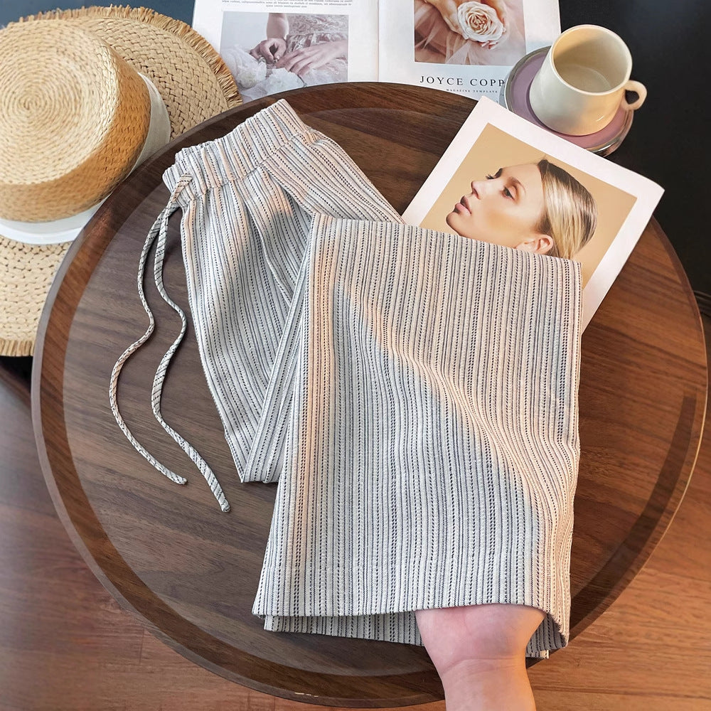 Striped Linen-Cotton Casual Pants, Elastic Waist with Drawstring, Loose Wide-Leg, Slim Straight Leg Long Pants, Lightweight Summer Women's Pants