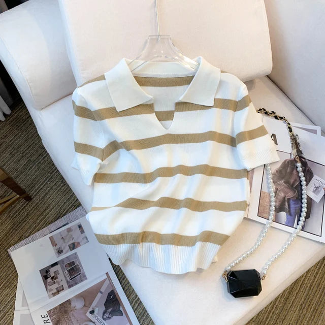 New Striped Pattern Collared Sweater Versatile Short Sleeve Knitted Top For Spring & Summer Women's Clothing Crop Top