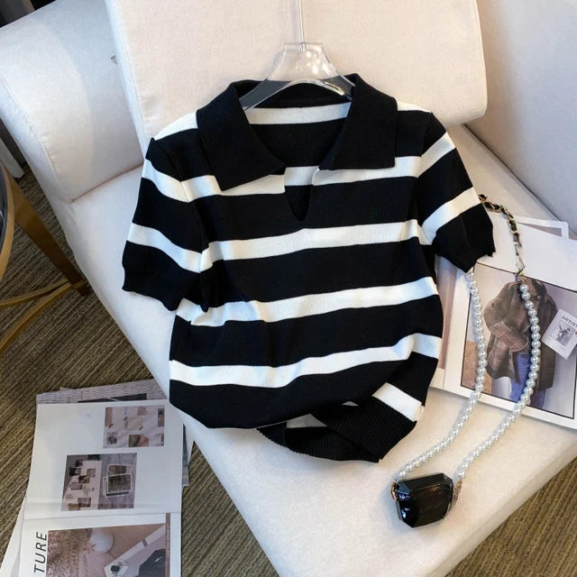 New Striped Pattern Collared Sweater Versatile Short Sleeve Knitted Top For Spring & Summer Women's Clothing Crop Top