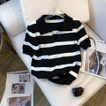 New Striped Pattern Collared Sweater Versatile Short Sleeve Knitted Top For Spring & Summer Women's Clothing Crop Top