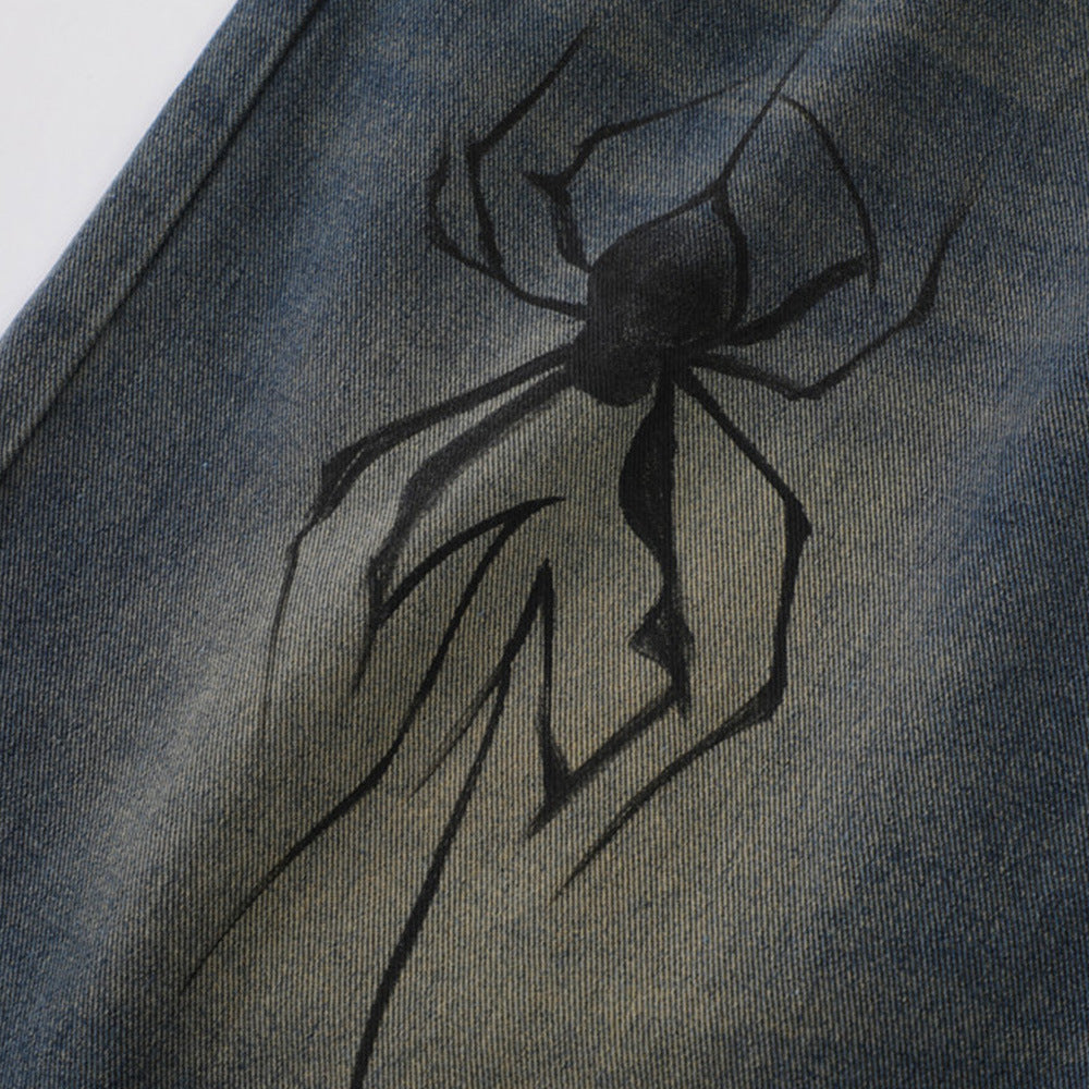 Unique Spider Print Denim Shorts for Men Loose Fit Casual Washed Faded Five-Point Pants American Retro Style