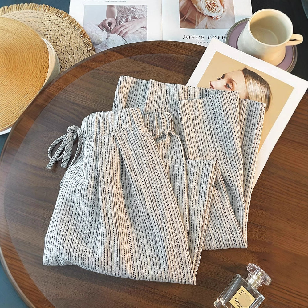 Striped Linen-Cotton Casual Pants, Elastic Waist with Drawstring, Loose Wide-Leg, Slim Straight Leg Long Pants, Lightweight Summer Women's Pants