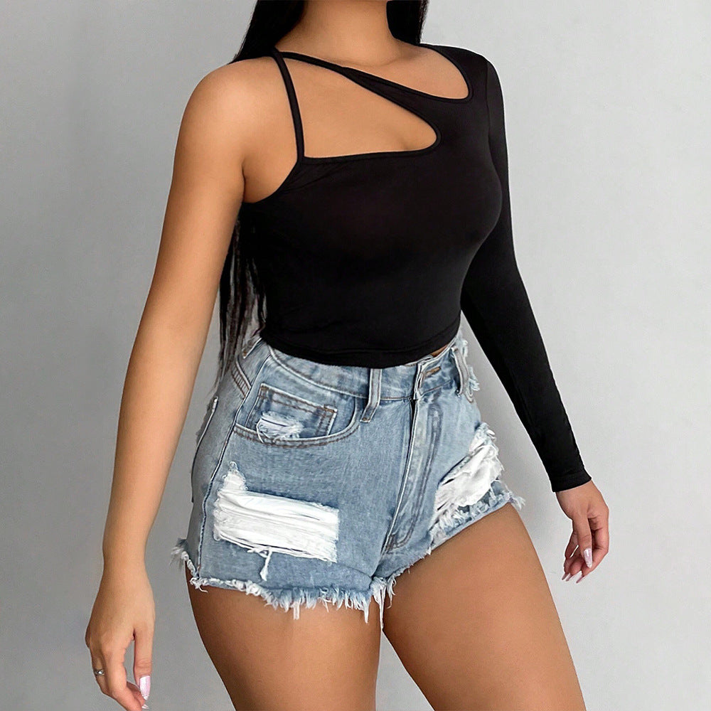 European beauty ins sexy off-the-shoulder hanging neck long-sleeved slim-fitting clothes