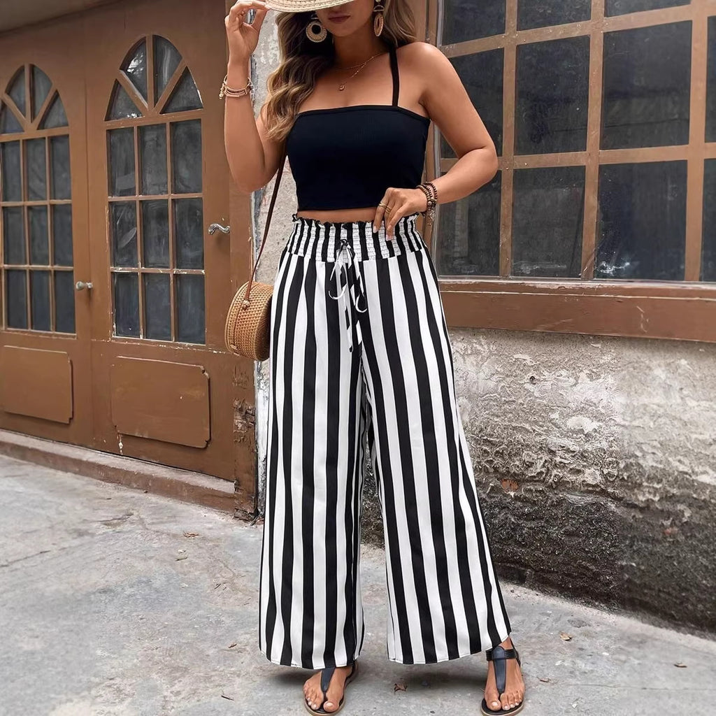 Fluid Stripe Wide Leg Pants Summer Loose High Waist Casual Trousers