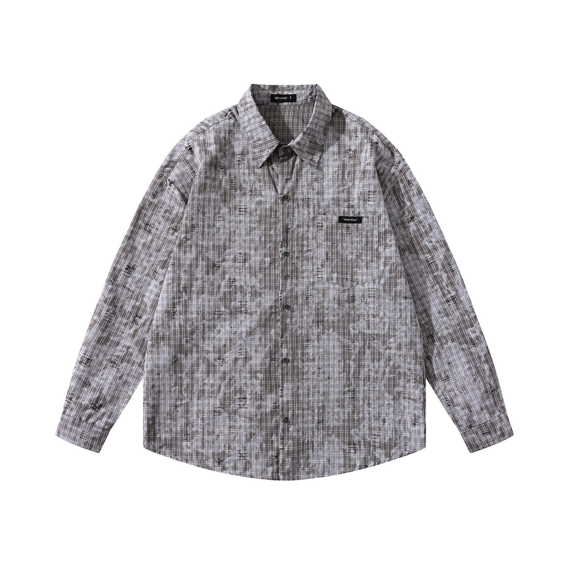 Street Style Plaid Hole Long Sleeve Shirt Men Loose High-Grade Couple Shirt Jacket