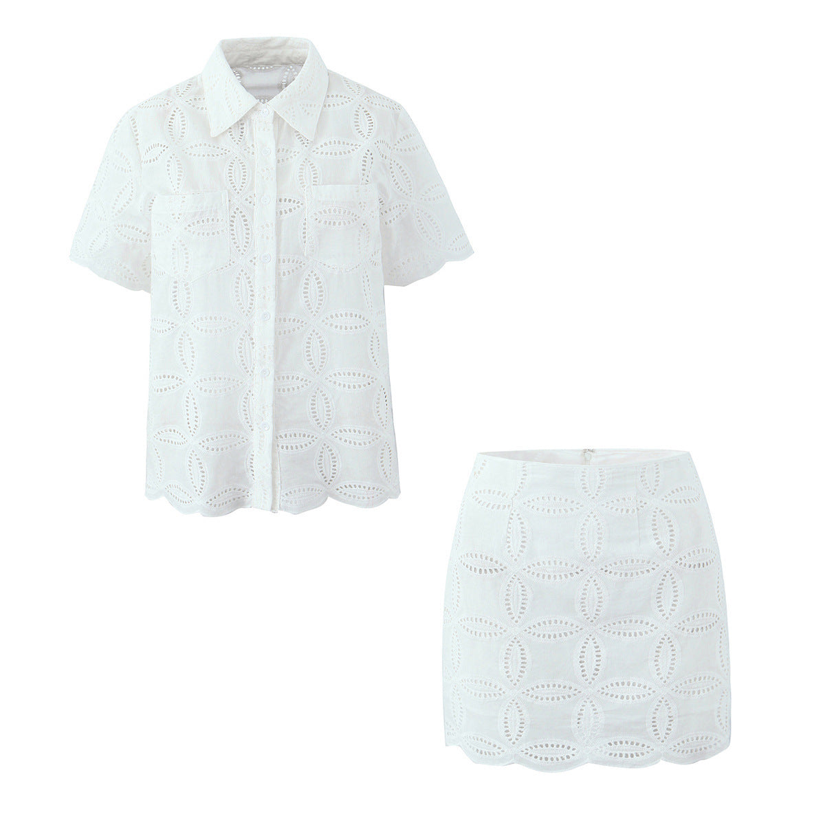 Womens White Short-Sleeve Shirt Lace Skirt Set For Women