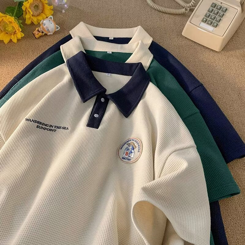 Retro Waffle Knit Embroidered Logo Polo Collar Short Sleeve T-Shirt