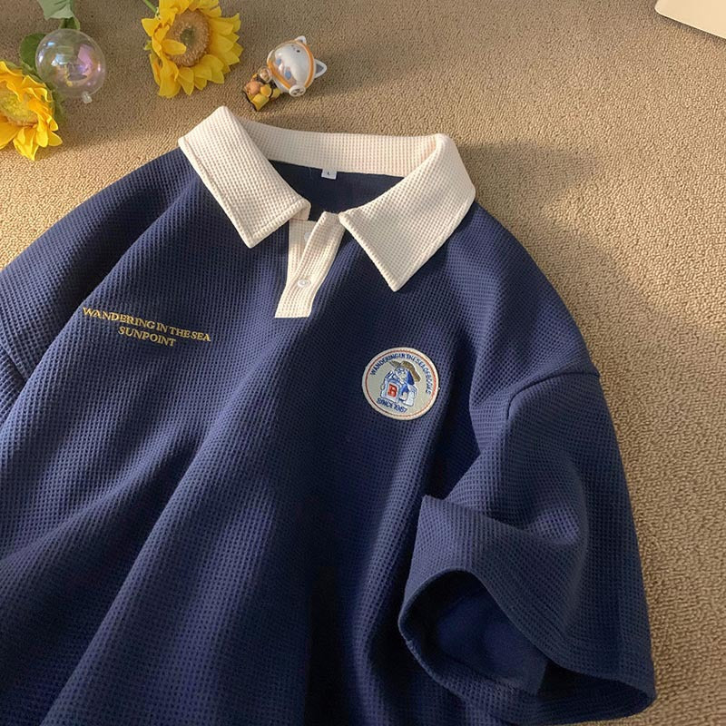 Retro Waffle Knit Embroidered Logo Polo Collar Short Sleeve T-Shirt