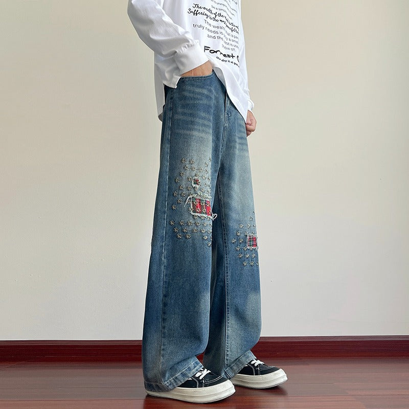 Vintage Patch Embroidery Ripped Jeans Men Women High Street Washed Distressed Straight Leg Wide Leg Long Pants Trendy