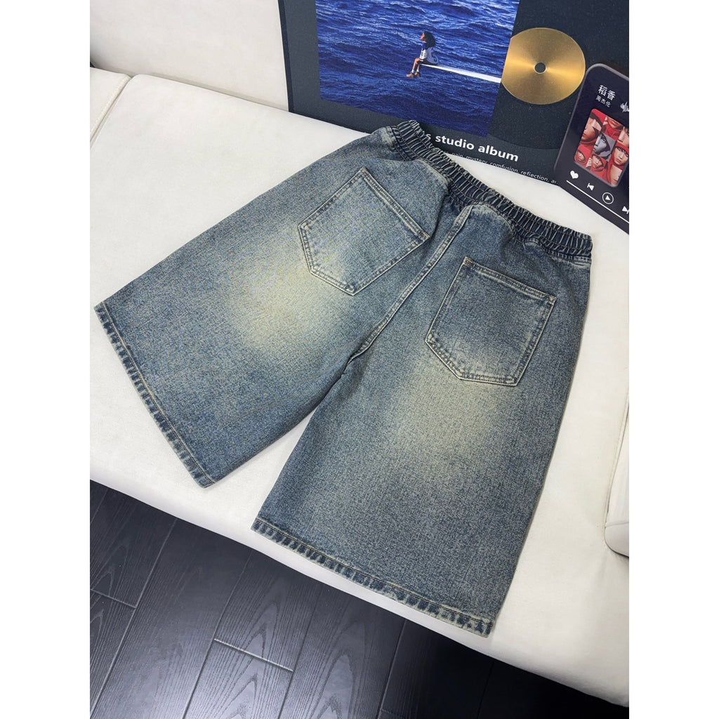 Vintage Pleated Denim Shorts Men Washed Vibe Pants