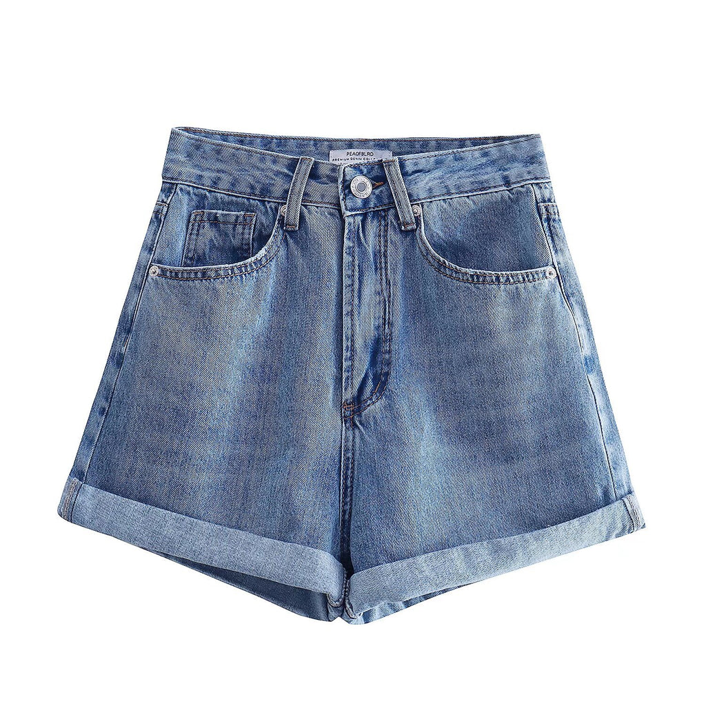 Straight tube loose rolled edge casual wide leg shorts
