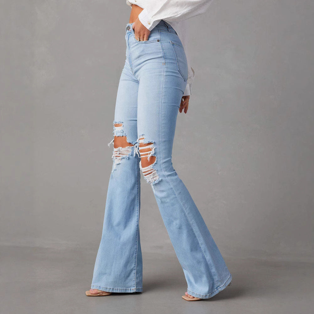 High Waist Ripped Denim Pants Women Streetwear Flare Jeans Long Pants