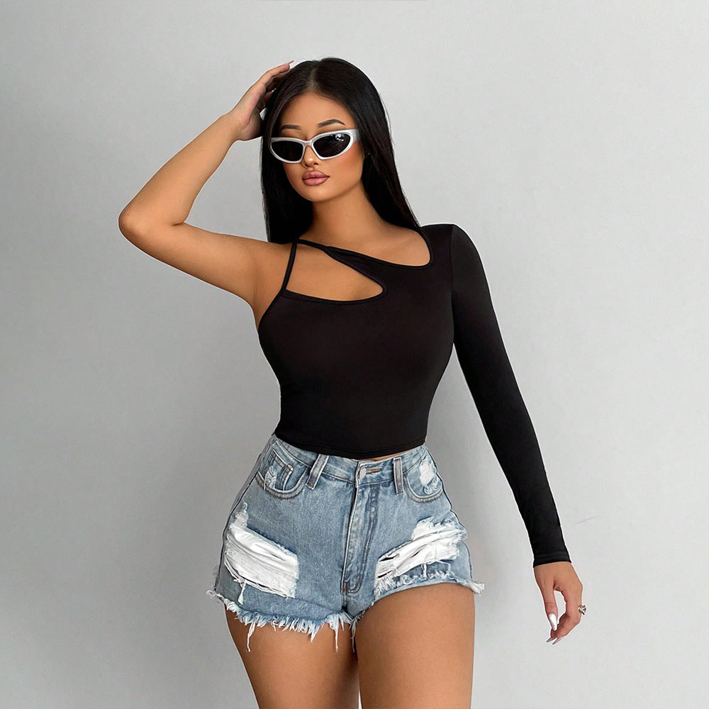 European beauty ins sexy off-the-shoulder hanging neck long-sleeved slim-fitting clothes