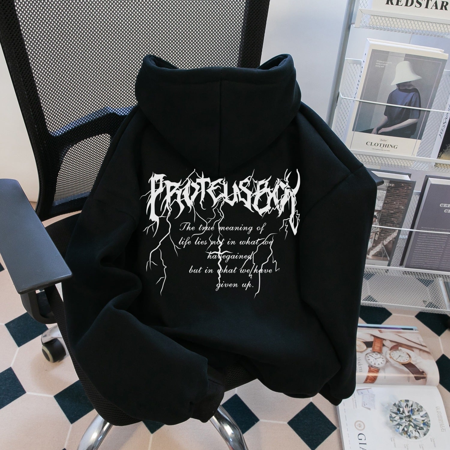 Heavyweight Streetwear Hip-Hop Lightning Print Hoodie for Men and Women, Autumn/Winter Fleece-Lined Loose Fit Chinese Street Style Hooded Sweatshirt Jacket