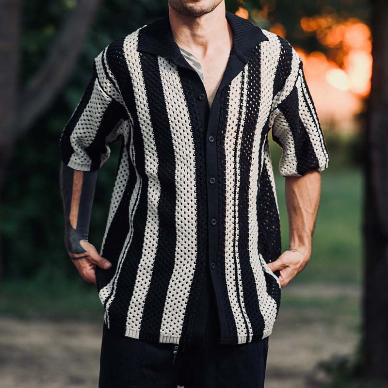 Casual Knitted Spliced Stripe Grid Shirt for Men, Lightweight Business Style