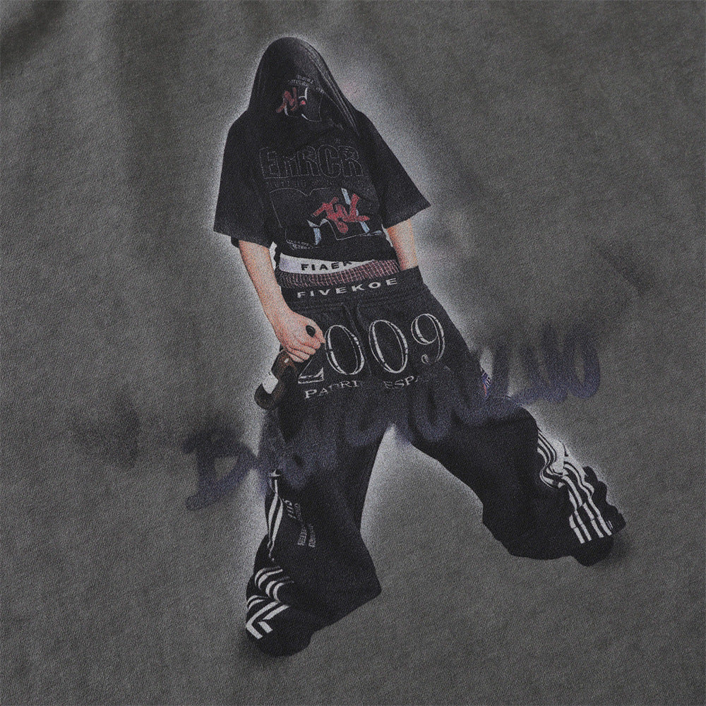 Rock and roll character print, worn and dirty short sleeves