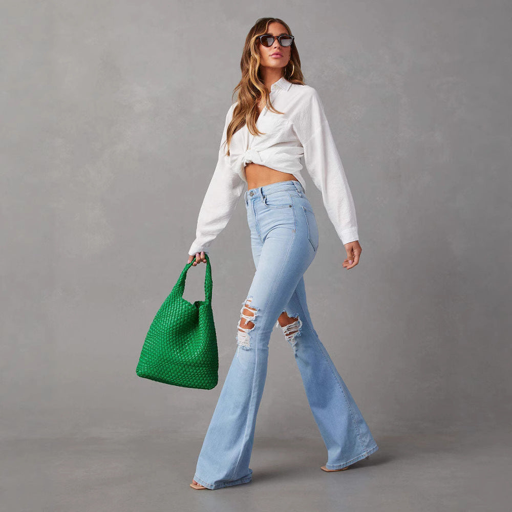 High Waist Ripped Denim Pants Women Streetwear Flare Jeans Long Pants