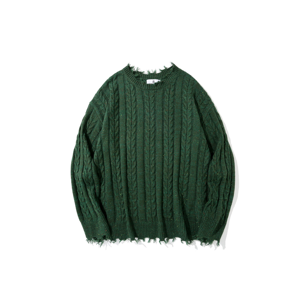 Solid Color Jacquard Cable Knitwear Men's High Street Lazy Style Loose Round Neck Sweater Streetwear Crewneck Pullover