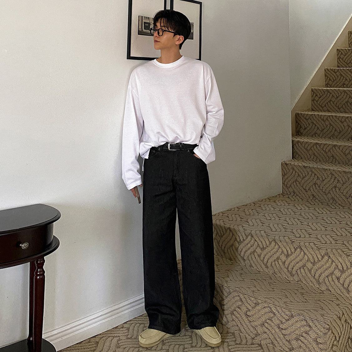 Vintage Washed Straight Leg Jeans Men Autumn Loose Wide Leg Pants  Commuter Clean Fit Pants